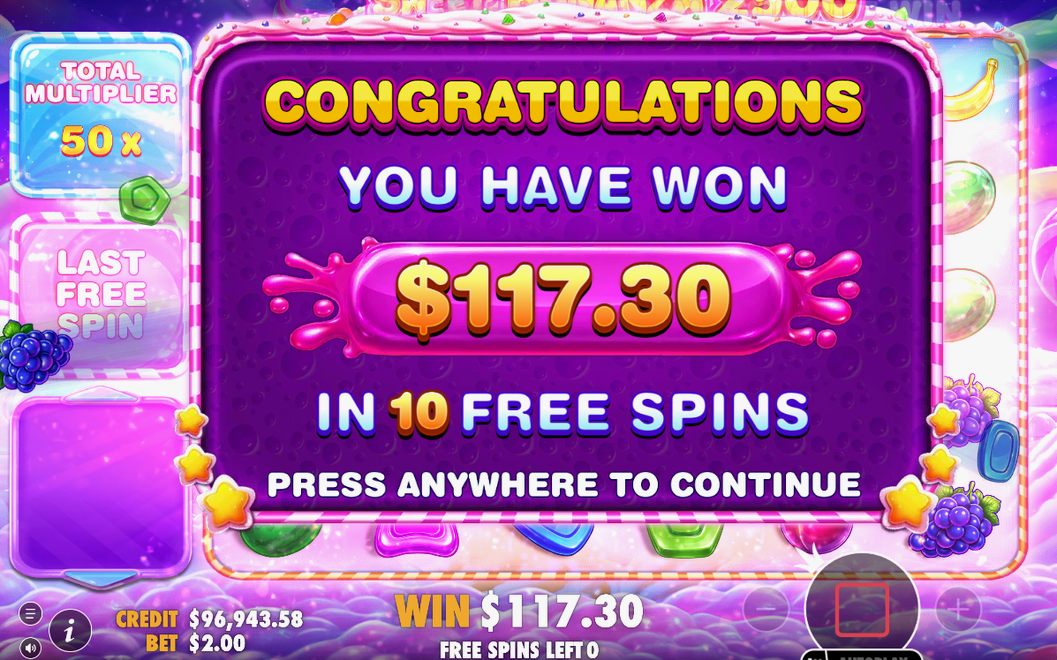 Win screen with the amount won after a round