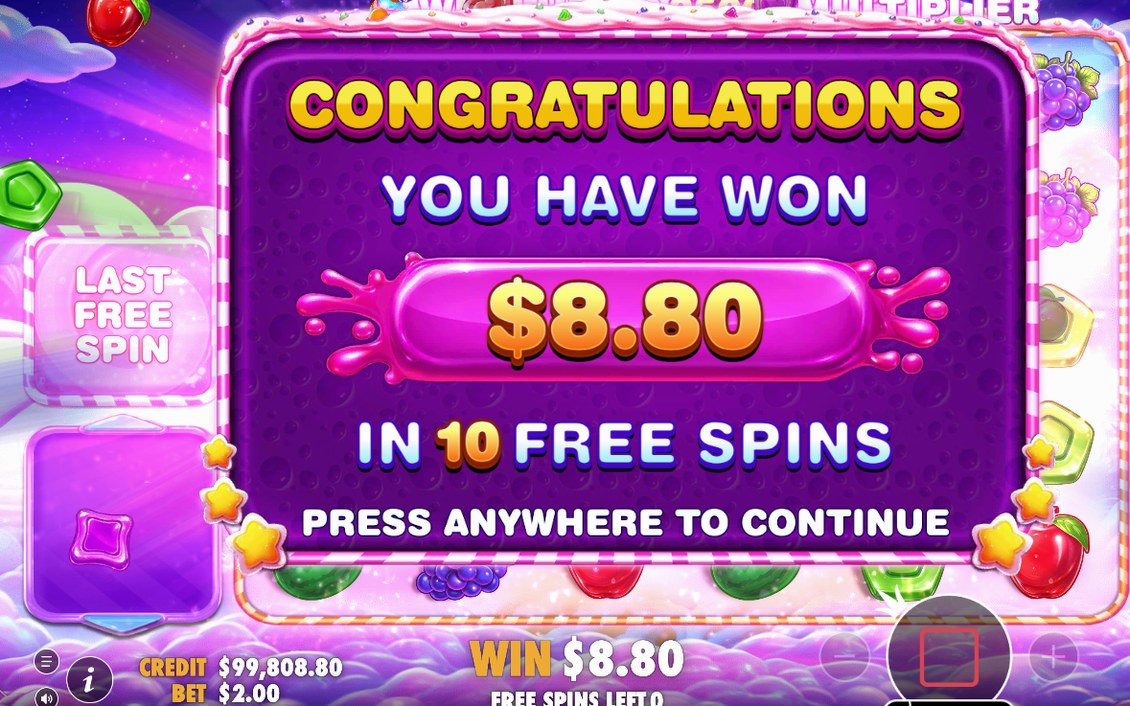 Win screen after a tumble sequence on the 6x5 grid